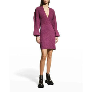 NWOT GANNI Melange V-Neck Knit Midi Sweater Dress - Faux Wrap Balloon Sleeve